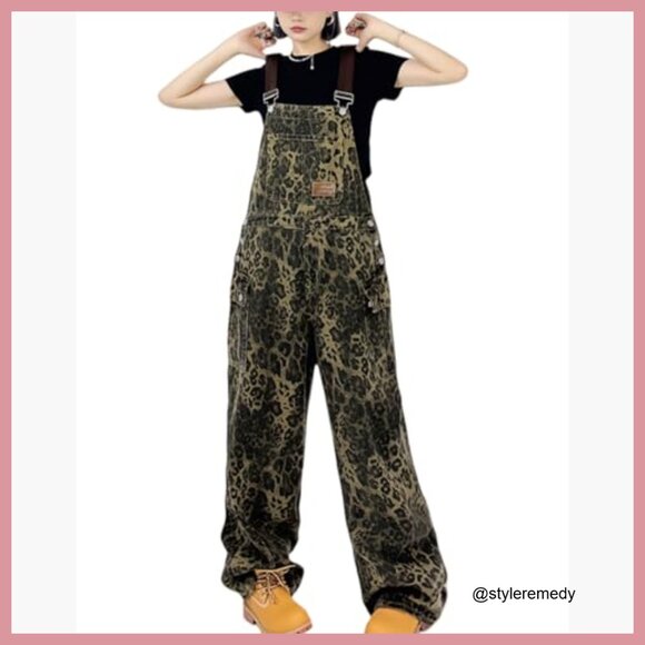 Leopard Print Denim Overalls, Loose Fit Wide Leg Jumpsuit - Picture 5 of 7
